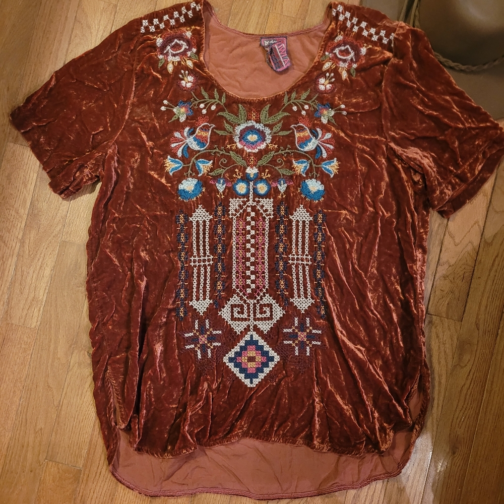 RARE Rust JOHNNY WAS Dani Velvet Boho Embroidered Blouse Tunic Top Medium Large